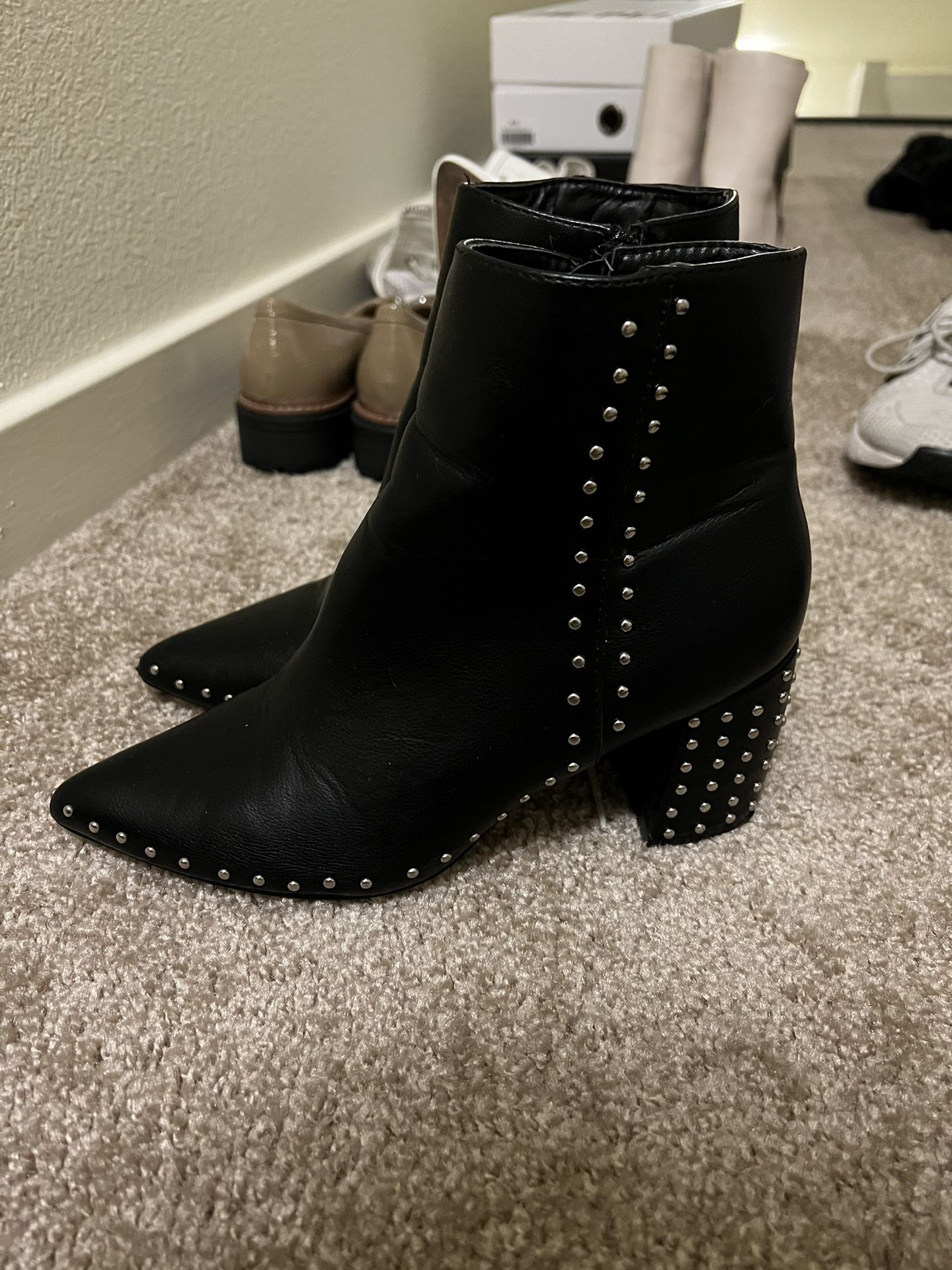Black Leather Studded Booties 