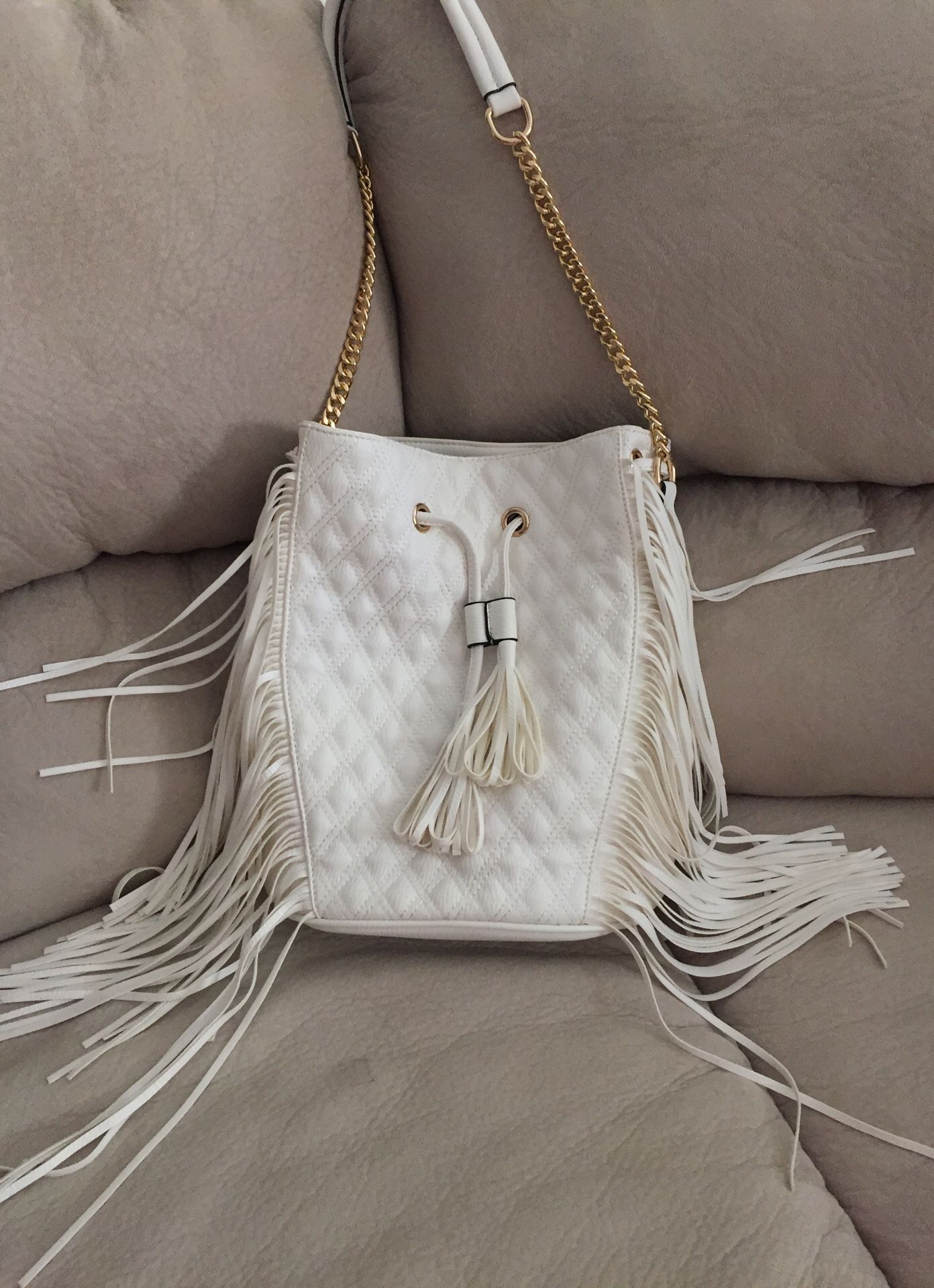 Brand new white & gold tote bag with heavy fringes