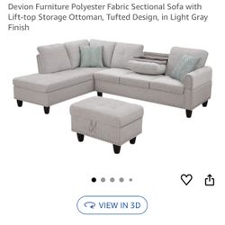 Devion Furniture Polyester Fabric Sectional Sofa with Lift-top Storage Ottoman, Tufted Design, in Light Gray Finish