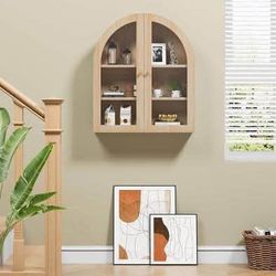 New Wall Bathroom Cabinet with Glass Doors, Wood Arched Hanging Medicine Cabinet, Walnut