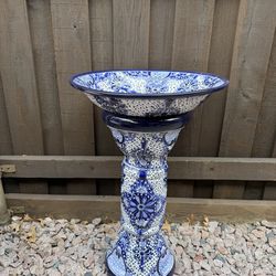 Mexican Talavera Blue Birdbath Decor, Pottery, Clay Pot, Planter.