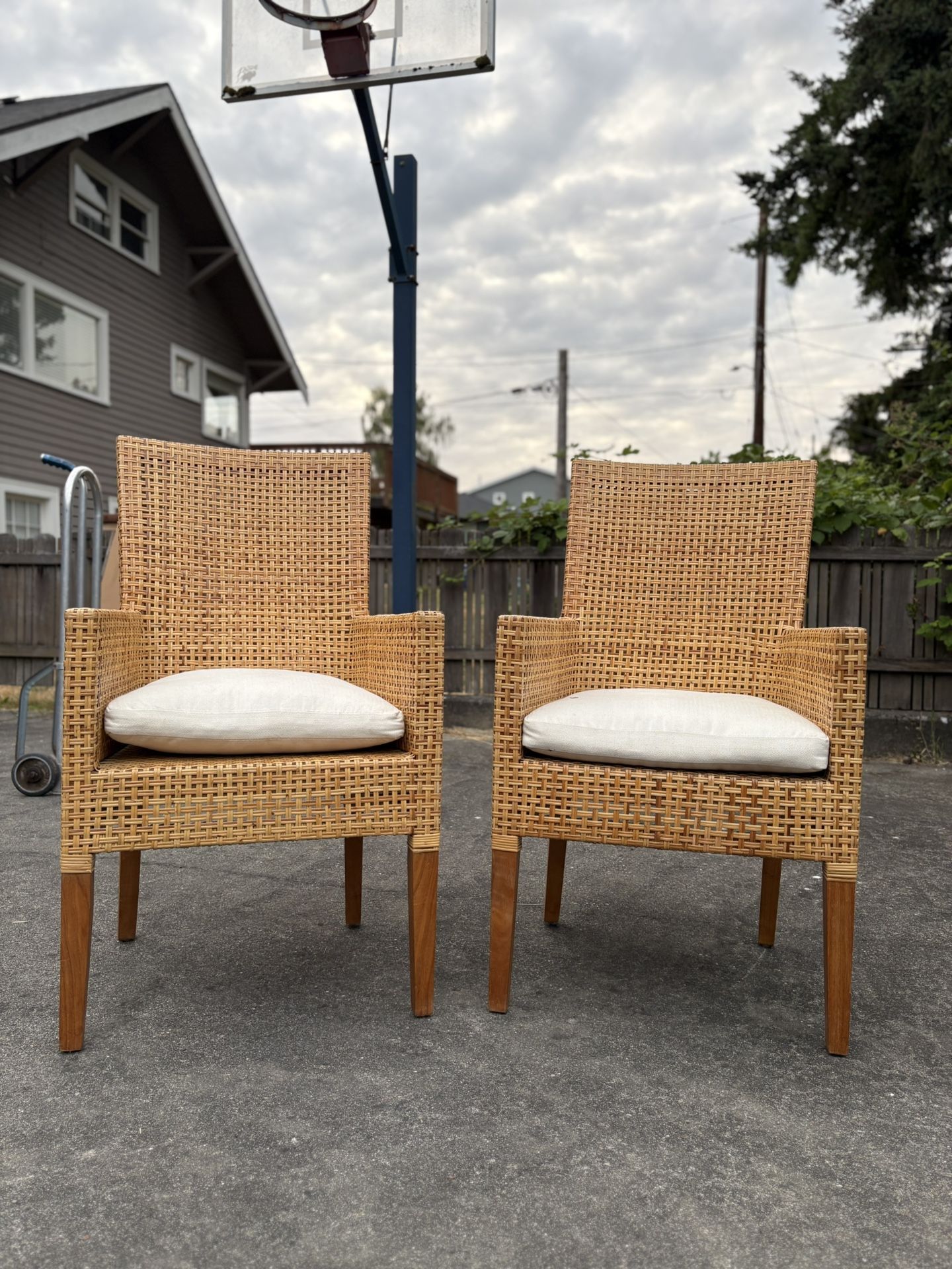 Pair of Wicker Chairs with White Cushions