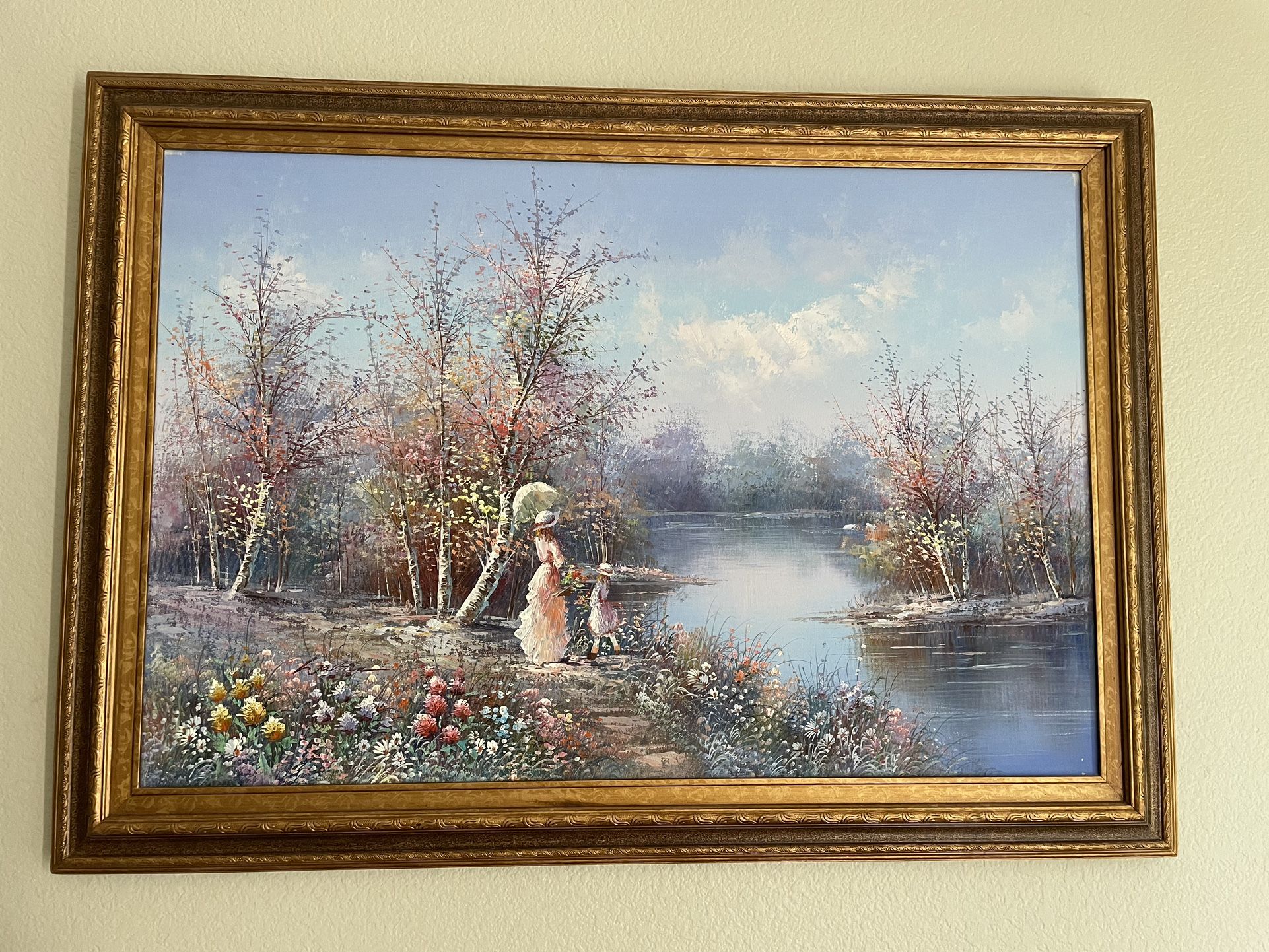 Framed Oil Impressionist Painting of Mother & Daughter By Lake