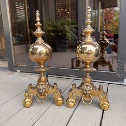 Solid Brass Andirons Lions Head Fireplace 