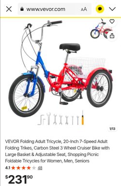 VEVOR Folding Adult Tricycle 20-Inch 7-Speed