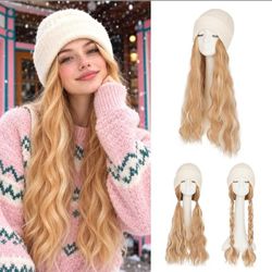 White Beanie Wig Hat 17" Wavy #P18 Honey Blonde Highlights