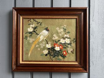 Original Art Oil On Canvas Bird Pink Green Signed Scandale Art VTG 28×23.5"