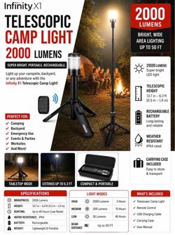 Infinity X1 2000 Lumen Telescopic Camp LED Light - Telescoping Tripod Camping Light