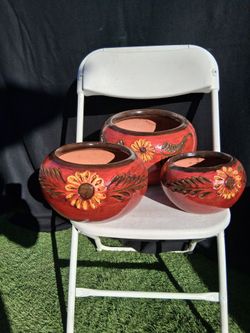 Set of 3 Red Glazed terracotta Flower Pots