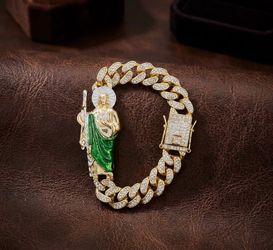 San Judas Tadeo Cuban Link Bracelet 7.5” Gold-Tone – New
