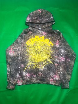 Spider camo hoodie with pink flowers and yellow spider web design. Size: M runs small