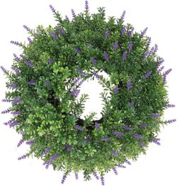18 in Boxwood Wreath for Front Door Artificial Boxwood Wreath with Lavender Flowers,Purple Floral Porch Decor,Year-Round Rustic Home Wall Decor