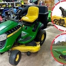 JOHN DEERE D140 MOWER + SNOW BLOWER + DUMP CART + BAGGER LOW HOURS