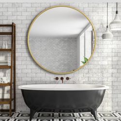 36" Round Gold Metal Framed Wall Mirror - Large Accent Mirror for Bathroom, Vanity, Entryway, Dining Room, & Living Room