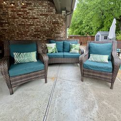 Outdoor All-weather Wicker Patio Set – Loveseat + 2 Chairs (Cushions/pillows Included)