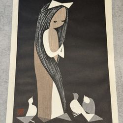 c1950 Midcentury Japanese Woodblock Print "Doves and Girl" by Kaoru Kawano