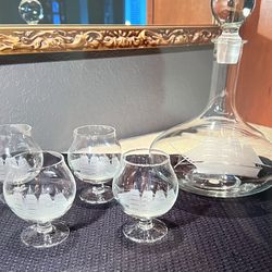 Vintage Etched CLIPPER SHIP GLASSES & SOLID GLASS STOPPER DECANTER CARAFE - Set of 4