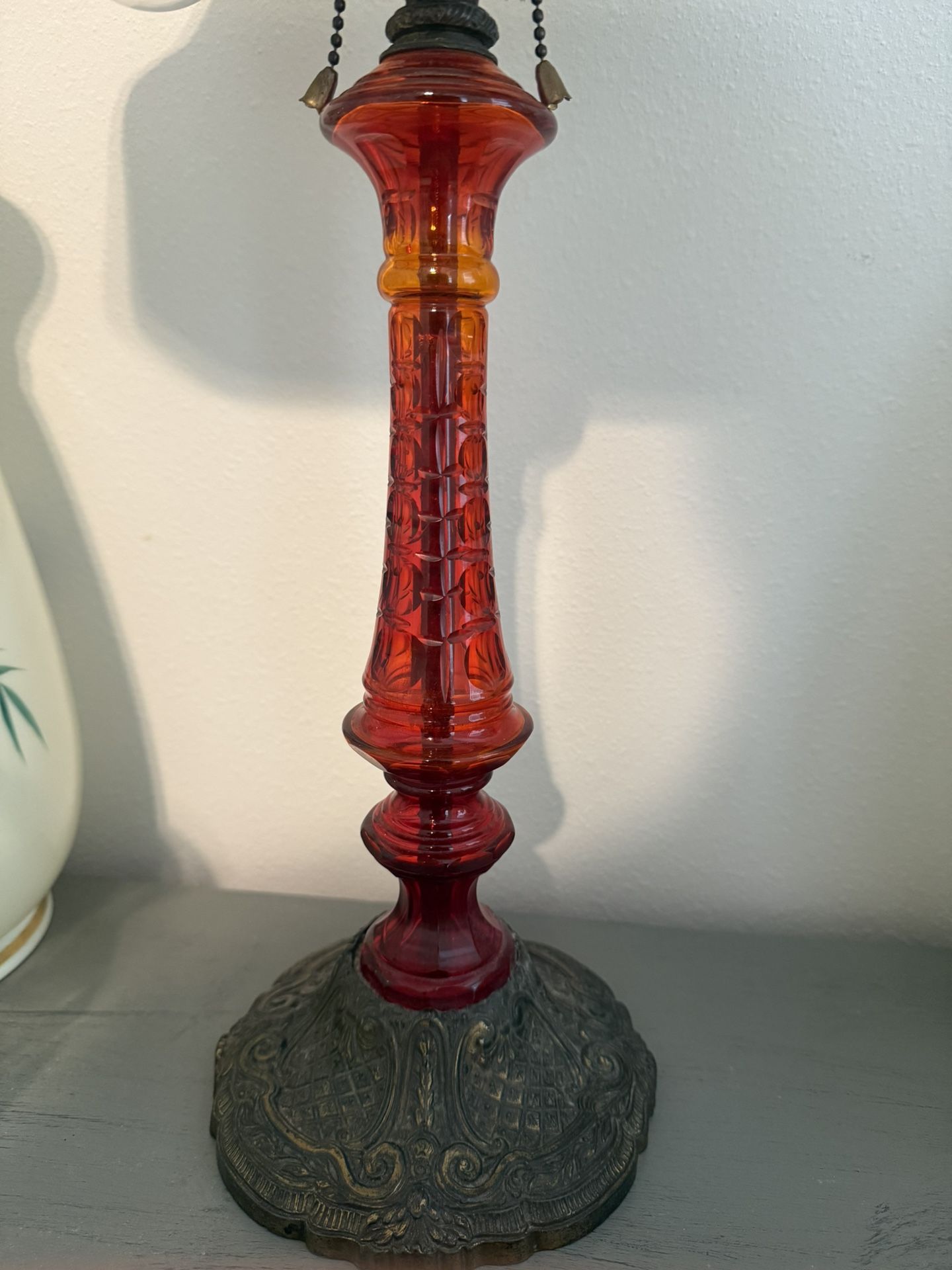 Amberina Glass And Brass Base Lamp