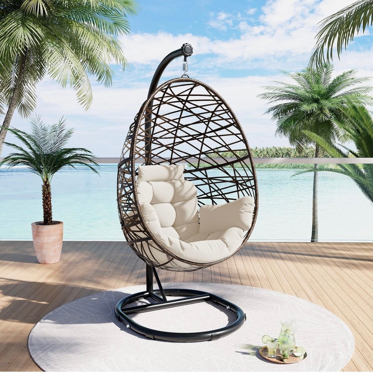 Outdoor Wicker Tear Drop Hanging Egg Chair Color Cushion Beige
