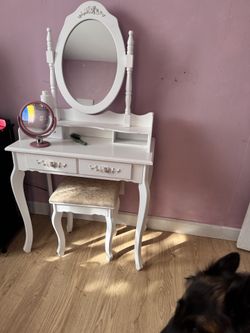 White Vanity Table with Mirror & Stool – $100
