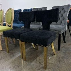 Black Mid Century Modern Dining Chairs Chenille Upholstered Accent Chair with Curved Backrest and Golden Legs (Set of 2)