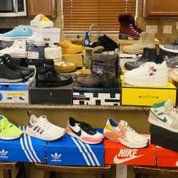 Brand new shoes-size 8/8.5. (Black/gray men’s adidas are in size 9 and 12). $40 or all 30 pairs for $600. Higley and ray. 