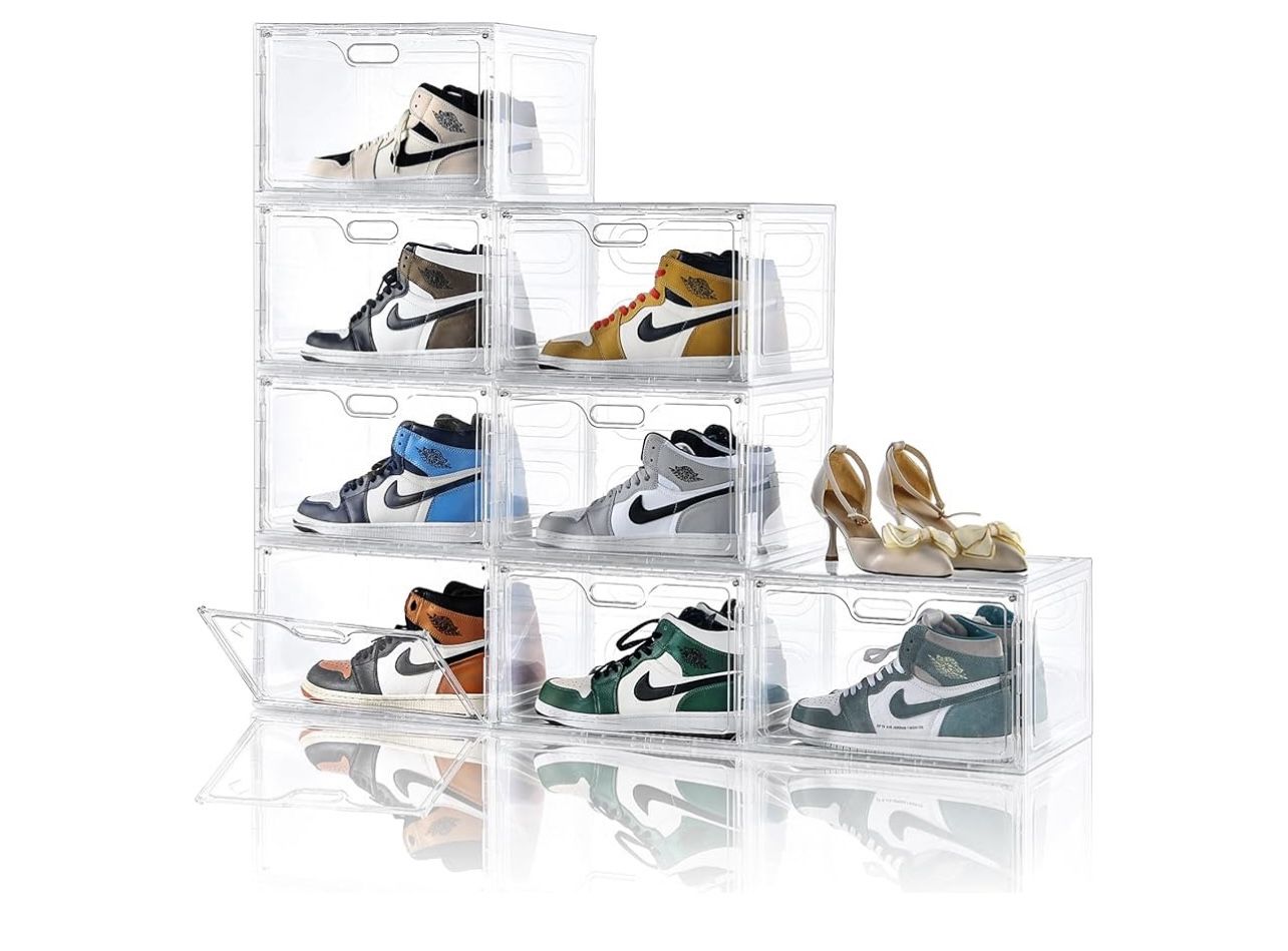 8 Pack Shoe Boxes Clear Plastic Stackable, Large Shoe Storage Organizer with Lids,Drop Side Shoe Containers