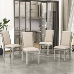 Set Of 4 - Light Gray Wood Dining Chairs w/ High Back Beige Linen Cushions  [NEW] **Assembly Req
