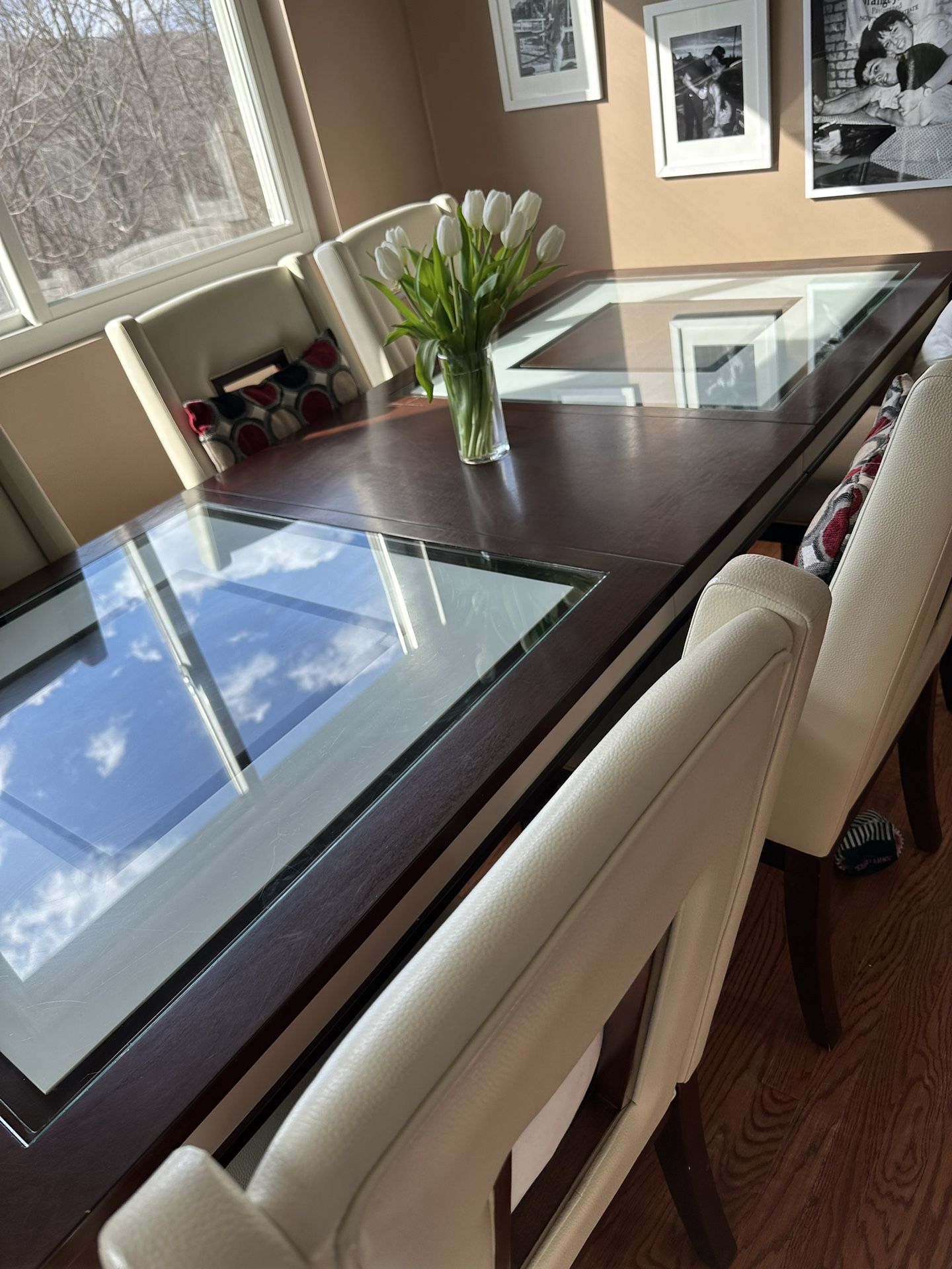 Wood And Glass Dining Table With Leaf And Chairs