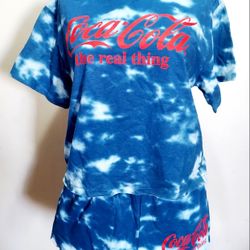 Coca Cola 3pc Pajama Set  Graphic T-Shirt, Shorts & Bandana Blue Tie-Dye. Size Small.