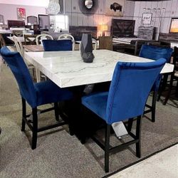 New Brand💎Marble Black/White Counter Height Table And Blue Velvet Stools🌟Dining/Kitchen 5 Piece Dining Room Set✅On Display 🏠