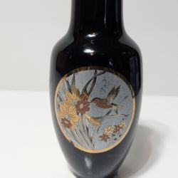 Vintage Fine China Vase – Made in Japan – 8.5” Black Gloss with Hummingbird & Floral Design
