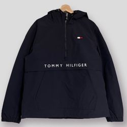 TOMMY HILFIGER PERFORMANCE HOODED PULLOVER NAVY JACKET SIZE MEDIUM