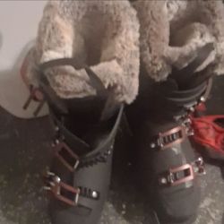 Snowboard, boots, and helmet