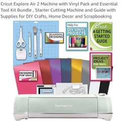 Cricut Explore Air 2 Machine with Vinyl Pack and Essential Tool Kit Bundle , Starter Cutting Machine and Guide with Supplies for DIY Crafts, Home Deco
