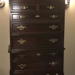 Queen Anne Highboy, Cherry Wood, Chest on Chest, Tall Dresser, by Bassett, 8 Drawers