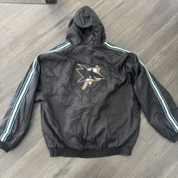 Vintage Spotlight San Jose Sharks NHL Puffer Jacket 2XL 90s Coat Hooded Zip