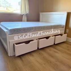 New White Full Bed With Storage And Memory Foam Mattress 
