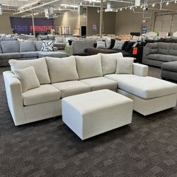 White Cream Sectional Couch And Ottoman 