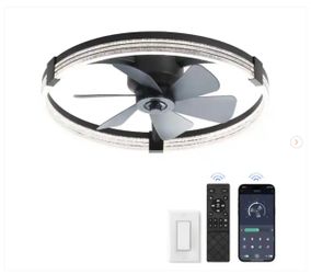 23 in Black Low Profile Flush Mount Indoor Ceiling Fan with LED light Remote/App Control - New