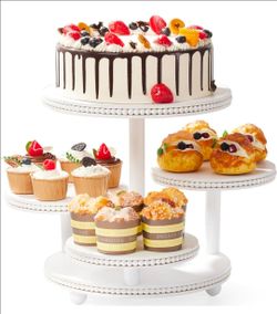 4 Tier Round Cupcake Tower Stand Beaded, Wood Cake Stand with Tiered Tray Decor for 50 Cupcakes/Baby Shower/Birthday/Wedding/Graduation