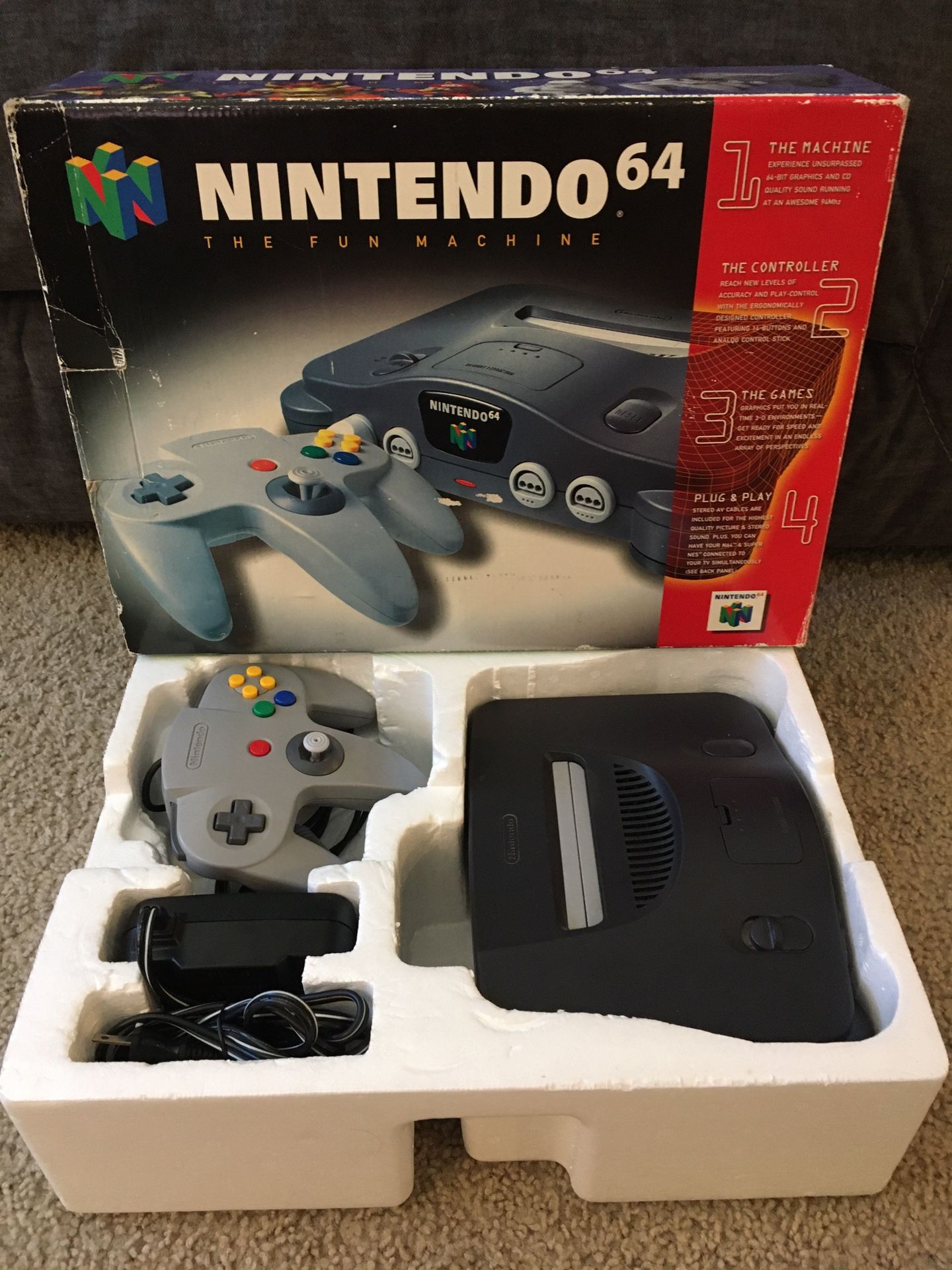 Nintendo 64 Console with controller, cords and original box