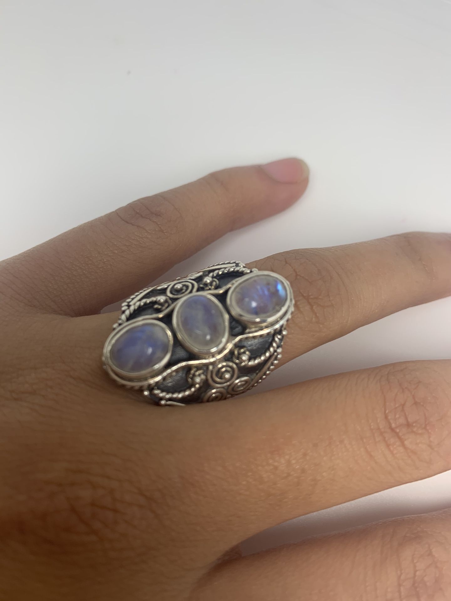 Unique sterling silver ring with moonstone gem & swirl detail, gift for her