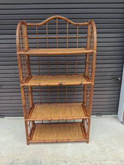 Mid Century Modern Etagere 4 Tiered Rattan Bamboo Wicker Shelf .