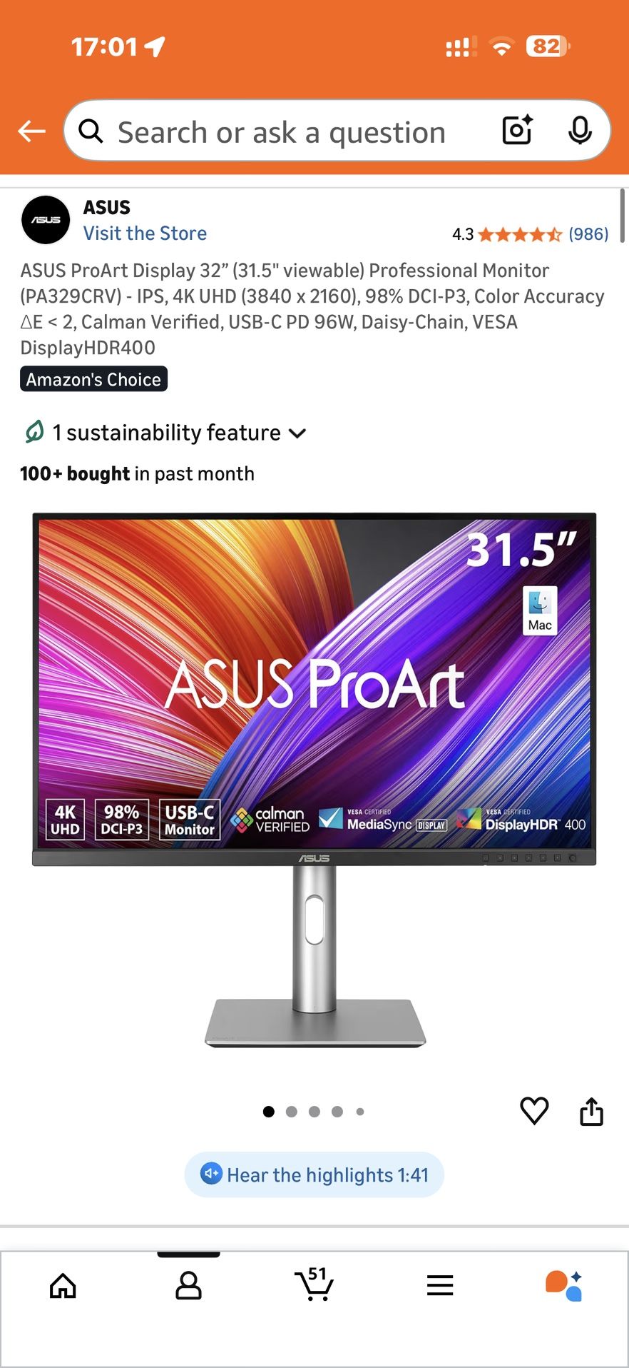 ASUS ProArt PA329CRV 32” 4K Professional Monitor