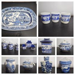 Blue Willow China Collection Platters Cannisters Bowls Plates Silverware