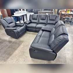 Black breathing leather manual recliner sofa set