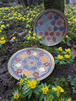 Pair of 2 vintage enameled painted brass 8" Moroccan plates - wall hangings