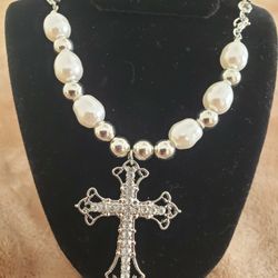 Cross Pendant Chavicle Necklace With Crystals...16in Long
