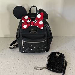 Disney Loungefly Minnie Mouse Bow Mini Backpack With Sequin Wallet